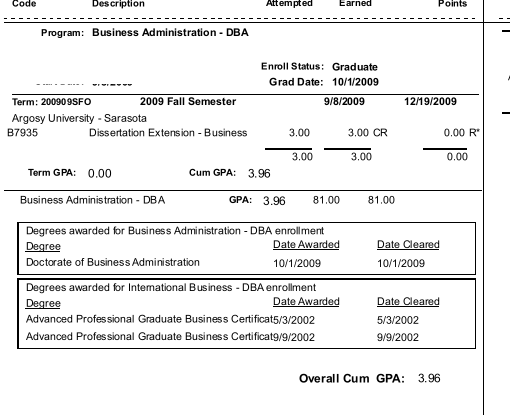 Public excerpt of Argosy University transcript showing DBA degree awarded October 1, 2009 and overall cumulative GPA 3.96